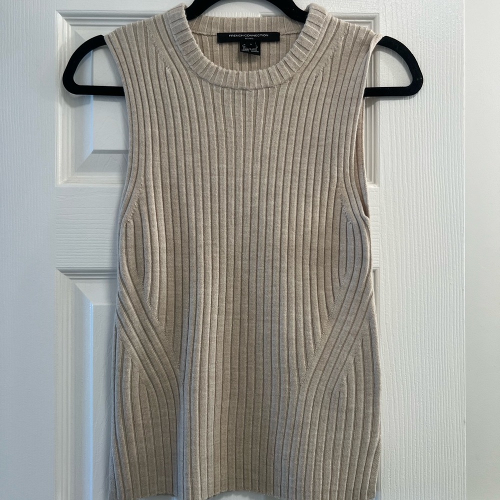 French Connection Cream Ribbed Knit Top